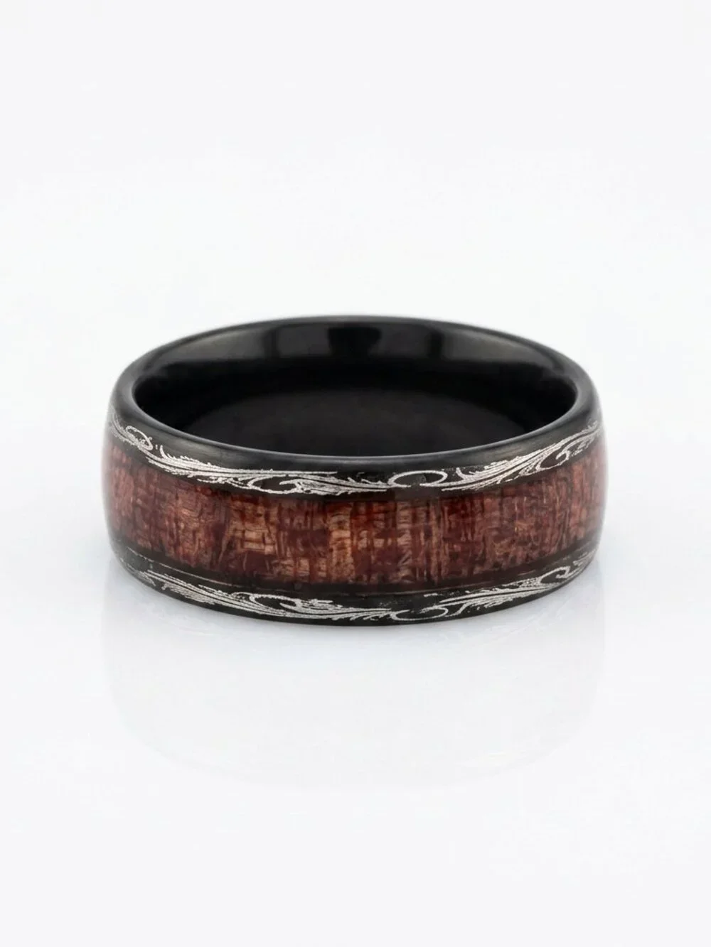 Size 12 Black Stainless Steel Wedding Band with Silver Edges & Wood‑Grain Inlay